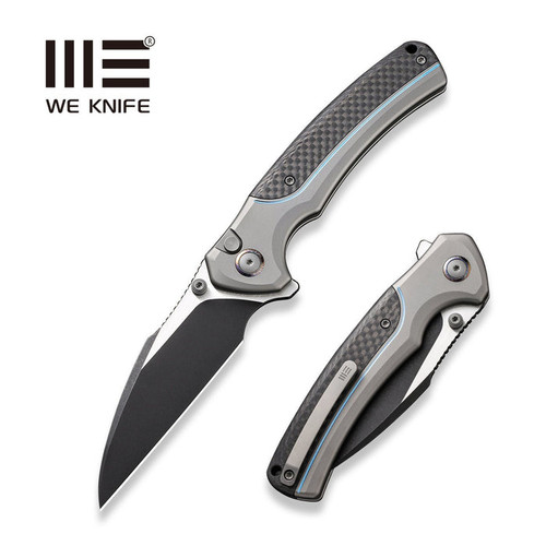 WE Knife Limited Edition Ziffius Flipper Knife - 3.7" CPM-20CV Black Stonewashed Two-Tone Wharncliffe Blade, Gray Titanium Handles with Twill Carbon Fiber Inlay - WE22024A-1