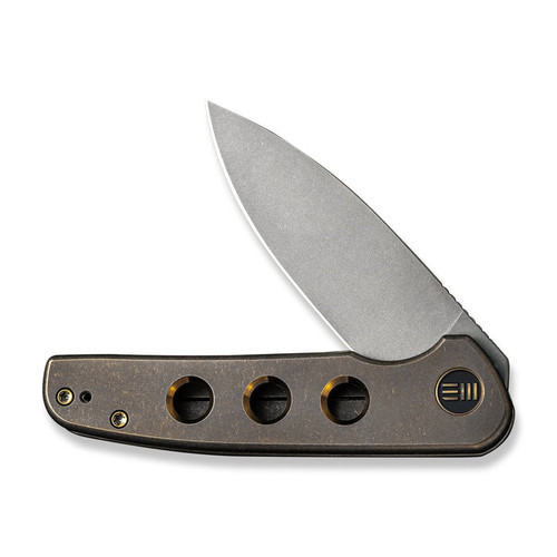WE Knife Limited Edition Shakan Flipper Knife - 2.97" CPM-20CV Stonewashed Blade, Bronze Titanium Handles with Gold Holes - WE20052B-2 WE Knife Limited Edition Shakan Flipper Knife - 2.97" CPM-20CV Stonewashed Blade, Bronze Titanium Handles with Gold Holes - WE20052B-2