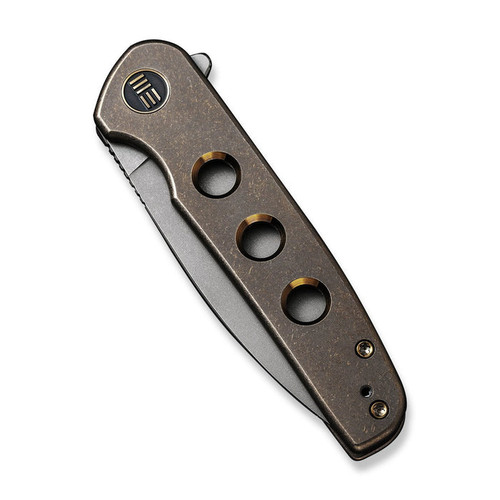 WE Knife Limited Edition Shakan Flipper Knife - 2.97" CPM-20CV Stonewashed Blade, Bronze Titanium Handles with Gold Holes - WE20052B-2 WE Knife Limited Edition Shakan Flipper Knife - 2.97" CPM-20CV Stonewashed Blade, Bronze Titanium Handles with Gold Holes - WE20052B-2