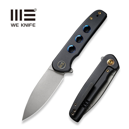 WE Knife Limited Edition Shakan Flipper Knife - 2.97" CPM-20CV Stonewashed Blade, Black Titanium Handles with Blue Holes - WE20052B-1