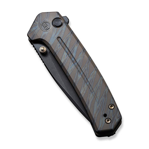 We Knife Culex Button Lock Flipper Knife - 2.97" CPM-20CV Black Stonewashed Drop Point Blade, Tiger Stripe Flamed Titanium Handles - WE21026B-7 We Knife Culex Button Lock Flipper Knife - 2.97" CPM-20CV Black Stonewashed Drop Point Blade, Tiger Stripe Flamed Titanium Handles - WE21026B-7