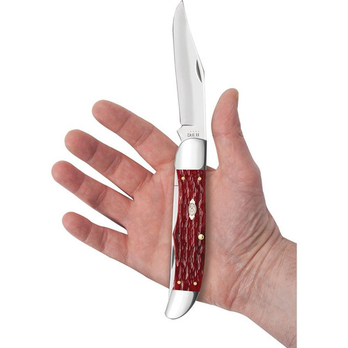 Case Peach Seed Jig Dark Red Bone CS Folding Hunter with Sheath -  4.1 " Tru-Sharp Blade, 5.25" Closed - 31960