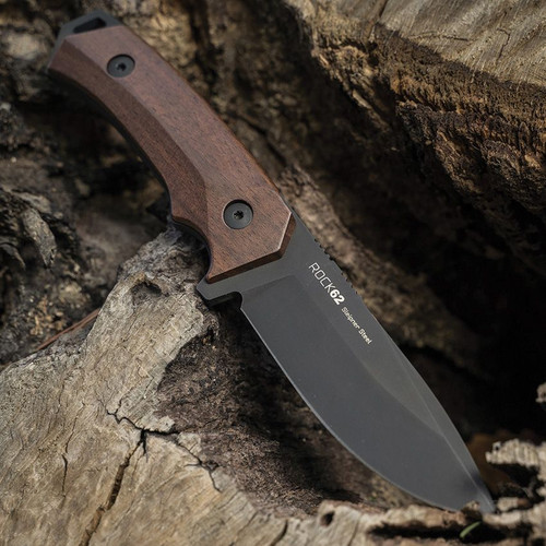 WOOX Rock62 Walnut Fixed Blade - 4.5" Mil-Spec Black Sleipner Steel Blade, American Walnut Wood Scales WOOX Rock62 Walnut Fixed Blade - 4.5" Mil-Spec Black Sleipner Steel Blade, American Walnut Wood Scales