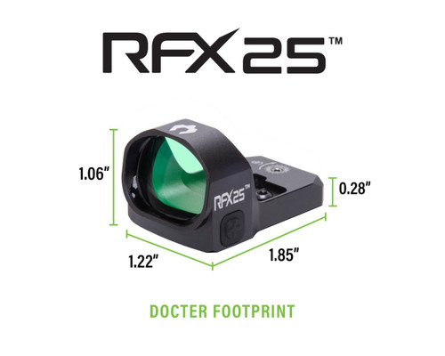 Viridian RFX 25 Green Dot Reflex Sight - Docter Footprint, 3 MOA Green Dot, 20x28mm Objective, Black Viridian RFX 25 Green Dot Reflex Sight - Docter Footprint, 3 MOA Green Dot, 20x28mm Objective, Black