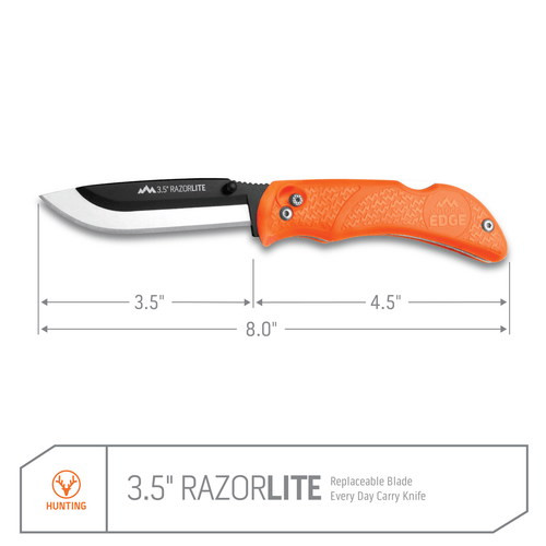 Outdoor Edge RazorLite 3.5" Replaceable Hunting Folding Knife Kit - Plain Edge, 3.5" Blades, 420J2 Stainless Steel, Blaze Orange Handle, Includes (6) Drop Point Blades Outdoor Edge RazorLite 3.5" Replaceable Hunting Folding Knife Kit - Plain Edge, 3.5" Blades, 420J2 Stainless Steel, Blaze Orange Handle, Includes (6) Drop Point Blades