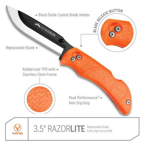 Outdoor Edge RazorLite 3.5" Replaceable Hunting Folding Knife Kit - Plain Edge, 3.5" Blades, 420J2 Stainless Steel, Blaze Orange Handle, Includes (6) Drop Point Blades Outdoor Edge RazorLite 3.5" Replaceable Hunting Folding Knife Kit - Plain Edge, 3.5" Blades, 420J2 Stainless Steel, Blaze Orange Handle, Includes (6) Drop Point Blades