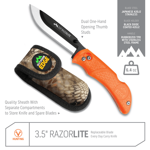 Outdoor Edge RazorLite 3.5" Replaceable Hunting Folding Knife Kit - Plain Edge, 3.5" Blades, 420J2 Stainless Steel, Blaze Orange Handle, Includes (6) Drop Point Blades Outdoor Edge RazorLite 3.5" Replaceable Hunting Folding Knife Kit - Plain Edge, 3.5" Blades, 420J2 Stainless Steel, Blaze Orange Handle, Includes (6) Drop Point Blades