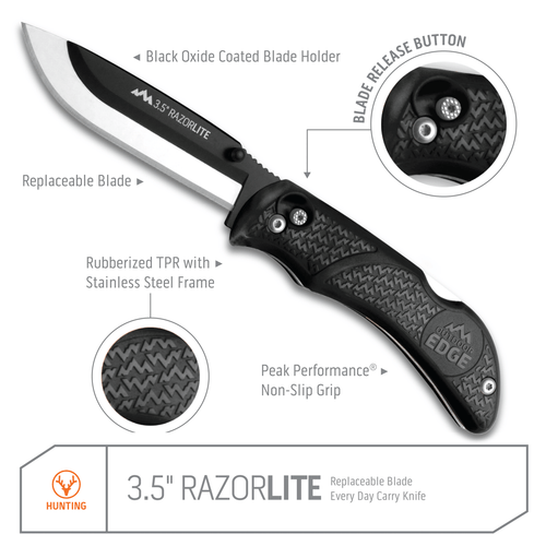 Outdoor Edge RazorLite 3.5" Replaceable Hunting Folding Knife Kit - Plain Edge, 3.5" Blades, 420J2 Stainless Steel, Black Handle, Includes (6) Drop Point Blades Outdoor Edge RazorLite 3.5" Replaceable Hunting Folding Knife Kit - Plain Edge, 3.5" Blades, 420J2 Stainless Steel, Black Handle, Includes (6) Drop Point Blades