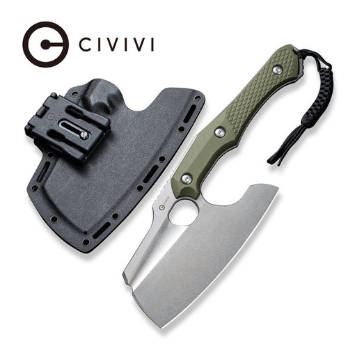 CIVIVI Knives Arata Fixed Blade Knife - 7.32" D2 Stonewashed Cleaver Blade, Contoured OD Green G10 Handles, Kydex Sheath - C21041-2