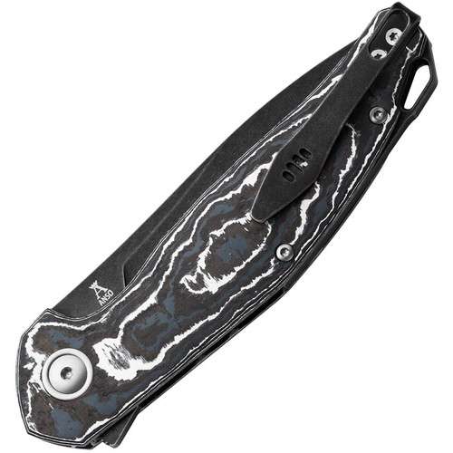 MKM Goccia Flipper Knife - 3.35" M390 Black Stonewashed Drop Point Blade, 3D Machined White Storm Carbon Fiber Handles with Black Stonewashed Backspacer - MK GC-CFWD MKM Goccia Flipper Knife - 3.35" M390 Black Stonewashed Drop Point Blade, 3D Machined White Storm Carbon Fiber Handles with Black Stonewashed Backspacer - MK GC-CFWD