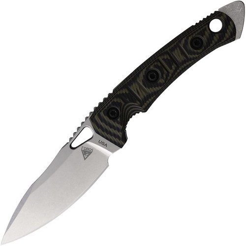 FOBOS Knives Cacula Fixed Blade Knife - 4.31" CPM-S35VN Stonewashed Drop Point, Black and Green G10 Handles, Kydex Sheath