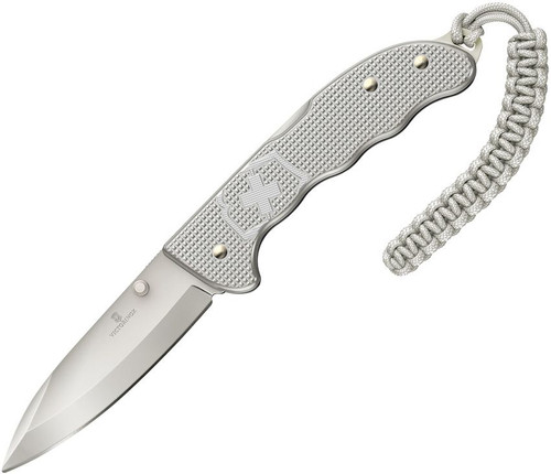 Victorinox Swiss Army Evoke Folding Knife - 3.875" Bead Blast Drop Point Blade, Silver Alox Handles with Clip and Paracord Lanyard - 0.9415.D26