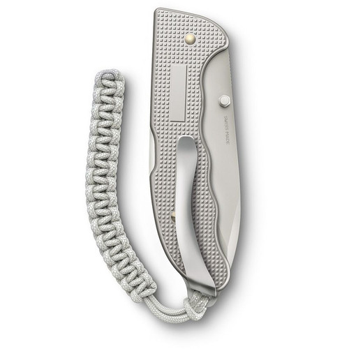 Victorinox Swiss Army Evoke Folding Knife - 3.875" Bead Blast Drop Point Blade, Silver Alox Handles with Clip and Paracord Lanyard - 0.9415.D26