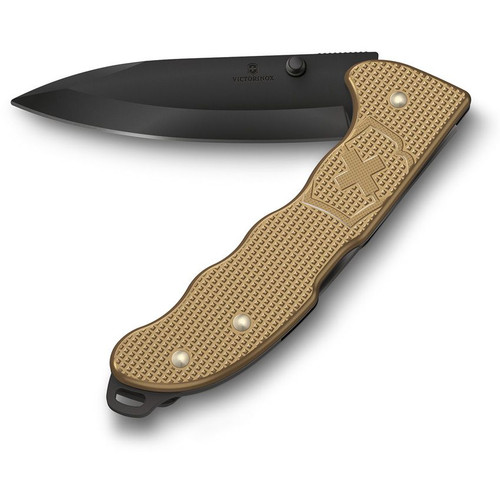 Victorinox Swiss Army Evoke Folding Knife - 3.875" Black Drop Point Blade, Beige Alox Handles with Clip - 0.9415.DS249