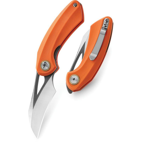 Bestech Knives Bihai Front Flipper Knife - 2.15" 14C28N Two Tone Satin/Gray Hawkbill Blade, Orange G10 Handles - BG53B-2