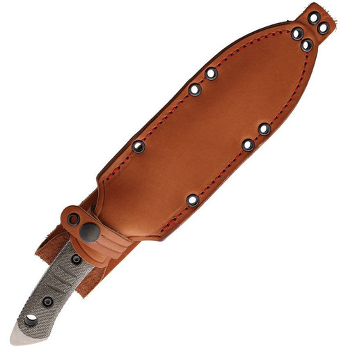 FOBOS Knives Tier 1-C Fixed Blade Knife - 6.45" CPM-3V Stonewashed Drop Point, Camo Canvas Micarta w/ Red Liners, Leather Sheath