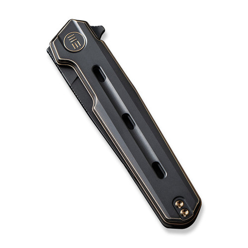 We Knife Company Navo Flipper Knife - 3.25" CPM-20CV Black Stonewashed Drop Point Blade, Black/Bronze Titanium Handles - WE22026-3 We Knife Company Navo Flipper Knife - 3.25" CPM-20CV Black Stonewashed Drop Point Blade, Black/Bronze Titanium Handles - WE22026-3