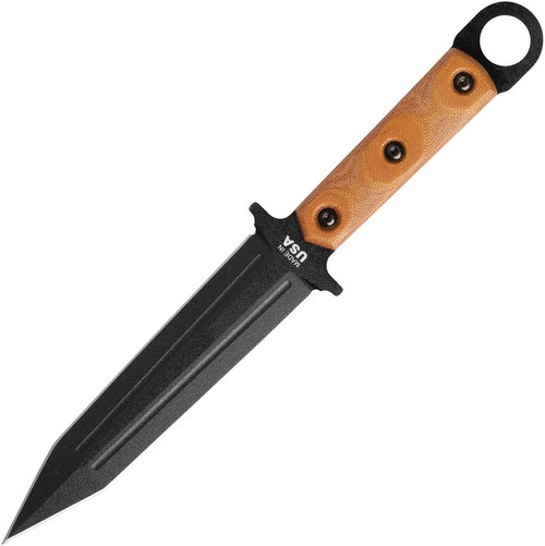 TOPS Knives Modern Gladius Fixed Blade Knife - 6.50" 1095 Black Double Edged Dagger Blade, Tan Canvas Micarta Handles, Kydex Sheath with Dangler - MGLAD-01 TOPS Knives Modern Gladius Fixed Blade Knife - 6.50" 1095 Black Double Edged Dagger Blade, Tan Canvas Micarta Handles, Kydex Sheath with Dangler - MGLAD-01