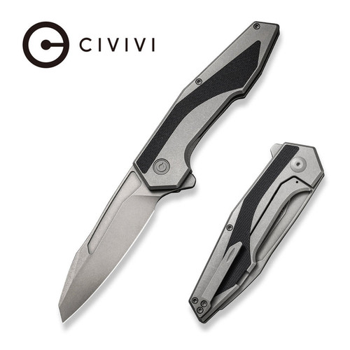 CIVIVI Knives GTC Hypersonic Flipper Knife - 3.7" 14C28N Stonewashed Reverse Tanto Blade, Stainless Steel Handles with Black G10 Inlays - C22011-2