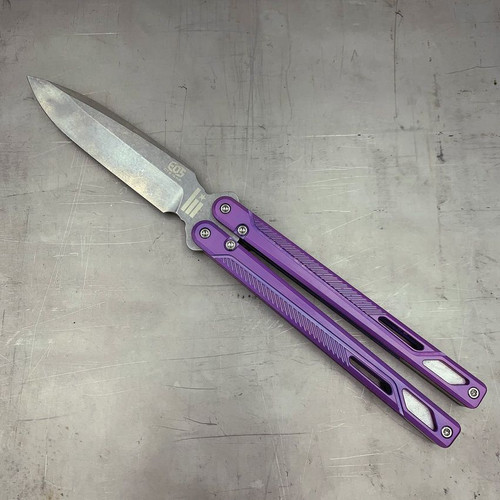 EOS Purple Serpent Balisong Butterfly Knife - 4.15" CTS-XHP Stonewash Drop Point Blade and Milled Titanium Handles EOS Purple Serpent Balisong Butterfly Knife - 4.15" CTS-XHP Stonewash Drop Point Blade and Milled Titanium Handles