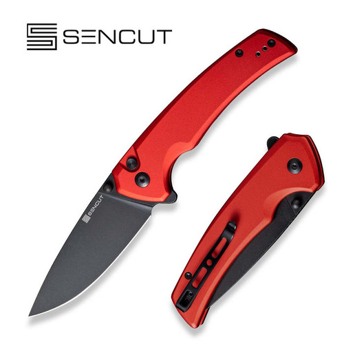 Sencut Knives Serene Flipper Knife - 3.48" Black Stonewashed D2 Drop Point Blade, Red Aluminum Handles - S21022B-2