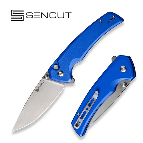 Sencut Knives Serene Flipper Knife - 3.48" Satin D2 Drop Point Blade, Blue Aluminum Handles - S21022B-4