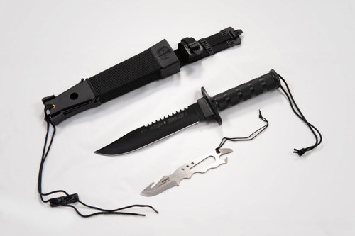 AITOR Jungle King I Fixed Blade - 8" Black Blade, Survival Handle w/ Storage, Molded Polyamide Sheath Plus Survival Kit