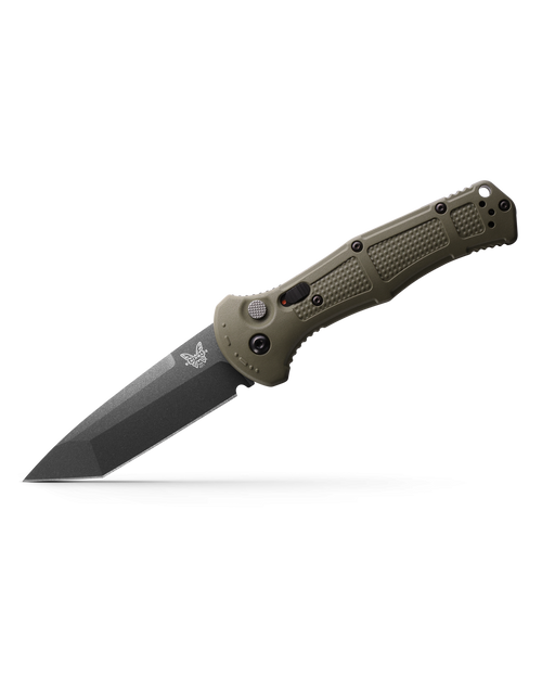 Benchmade 9071BK-1 Claymore AUTO Folding Knife - 3.6" CPM-D2 Cobalt Black Tanto Plain Blade, Ranger Green Grivory Handles