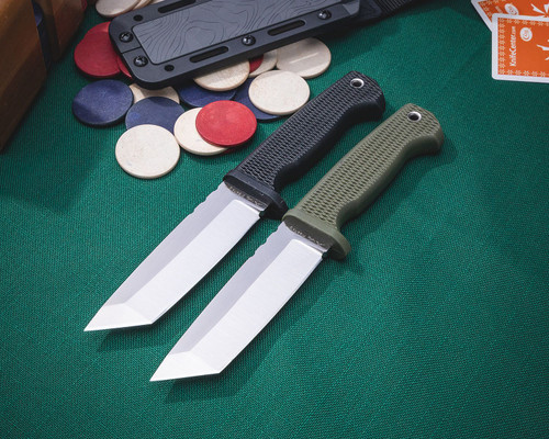 Demko Knives FreeReign Fixed Blade Knife - 5" AUS-10A Satin Tanto, Black Injection Molded Rubber Handle, Molded Plastic Sheath Demko Knives FreeReign Fixed Blade Knife - 5" AUS-10A Satin Tanto, Black Injection Molded Rubber Handle, Molded Plastic Sheath