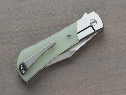 Finch Knife Company FLINT Flipper Knife - 3" 154CM Satin Clip Point Blade, Natural Jade G10 Handles with Stainless Steel Bolsters - FT003 Finch Knife Company FLINT Flipper Knife - 3" 154CM Satin Clip Point Blade, Natural Jade G10 Handles with Stainless Steel Bolsters - FT003