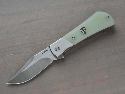 Finch Knife Company FLINT Flipper Knife - 3" 154CM Satin Clip Point Blade, Natural Jade G10 Handles with Stainless Steel Bolsters - FT003 Finch Knife Company FLINT Flipper Knife - 3" 154CM Satin Clip Point Blade, Natural Jade G10 Handles with Stainless Steel Bolsters - FT003