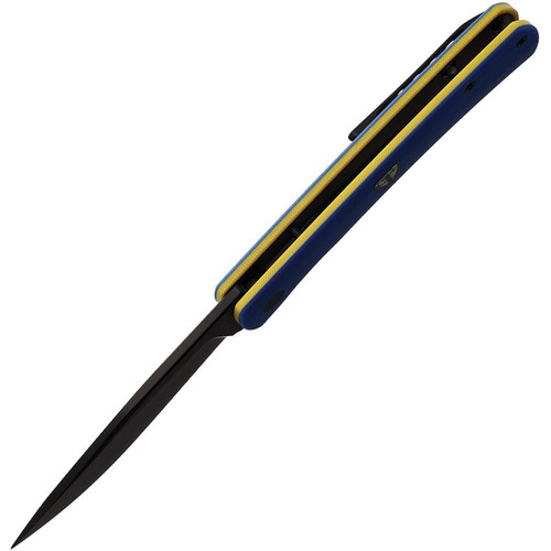 Finch Knife Co HALO Flipper Knife - 3.1" 14C28N Black Clip Point Blade, Blue and Yellow G10 Handles - HO008002 Finch Knife Co HALO Flipper Knife - 3.1" 14C28N Black Clip Point Blade, Blue and Yellow G10 Handles - HO008002