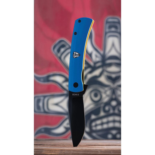 Finch Knife Co HALO Flipper Knife - 3.1" 14C28N Black Clip Point Blade, Blue and Yellow G10 Handles - HO008002 Finch Knife Co HALO Flipper Knife - 3.1" 14C28N Black Clip Point Blade, Blue and Yellow G10 Handles - HO008002