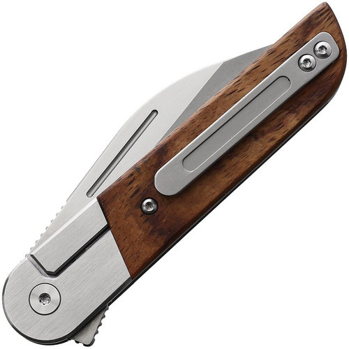 Finch Knife Co Reciprocity Flipper Knife - 3" 154CM Satin Wharncliffe Blade, Mkuruti Wood Scales with Stainless Steel Bolsters - RP203 Finch Knife Co Reciprocity Flipper Knife - 3" 154CM Satin Wharncliffe Blade, Mkuruti Wood Scales with Stainless Steel Bolsters - RP203