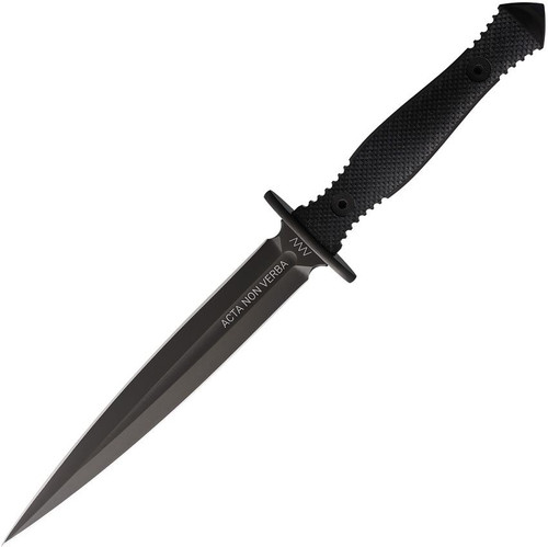 Acta Non Verba M500 Anthropoid Fixed Blade Fighting Knife - 7.5" Elmax Black DLC Double Edge Dagger, Black G10 Handles, Black Kydex Sheath - ANVM500-001