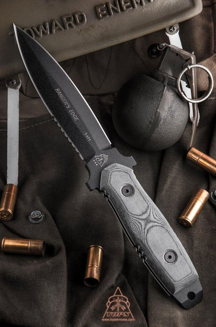 TOPS Knives Ranger's Edge Fixed Blade Combat Knife - 5-1/2" Double Edge 1095 Carbon Dagger, Micarta Handles, Kydex Sheath - RE3010 TOPS Knives Ranger's Edge Fixed Blade Combat Knife - 5-1/2" Double Edge 1095 Carbon Dagger, Micarta Handles, Kydex Sheath - RE3010