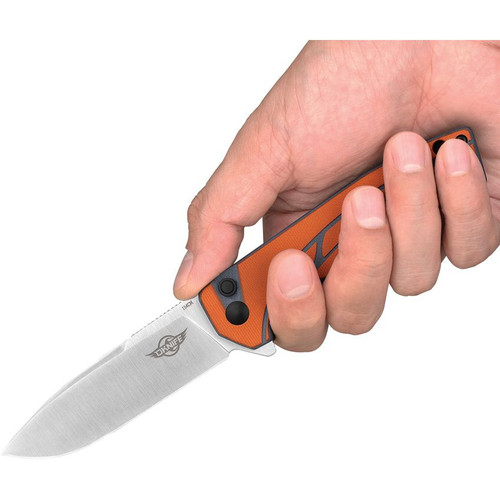 Olight Oknife Mettle Flipper Knife - 3.24" 154CM Satin Drop Point Blade, Orange G10 Handles - METTLEOG Olight Oknife Mettle Flipper Knife - 3.24" 154CM Satin Drop Point Blade, Orange G10 Handles - METTLEOG
