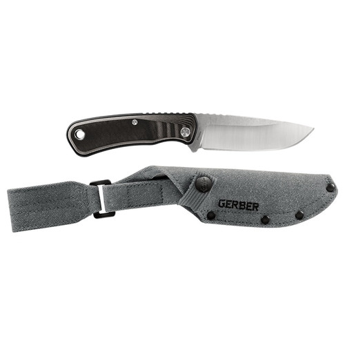 Gerber Downwind Drop Point Fixed Blade Knife - 4.25" Stonewashed, Gray/Black G10 Handles, Waxed Canvas Sheath - 30-001816 Gerber Downwind Drop Point Fixed Blade Knife - 4.25" Stonewashed, Gray/Black G10 Handles, Waxed Canvas Sheath - 30-001816