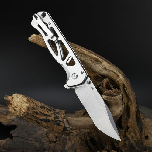 CJRB Cutlery Chord Flipper Knife - 3.47" AR-RPM9 Stonewashed Clip Point Blade, Skeletonized Stonewashed Steel Handles - J1927-ST CJRB Cutlery Chord Flipper Knife - 3.47" AR-RPM9 Stonewashed Clip Point Blade, Skeletonized Stonewashed Steel Handles - J1927-ST