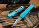 Heretic Knives Manticore-S AUTO OTF - 2.6" Stonewashed Elmax Steel Bowie Blade, Turquoise Blue Aluminum Handles