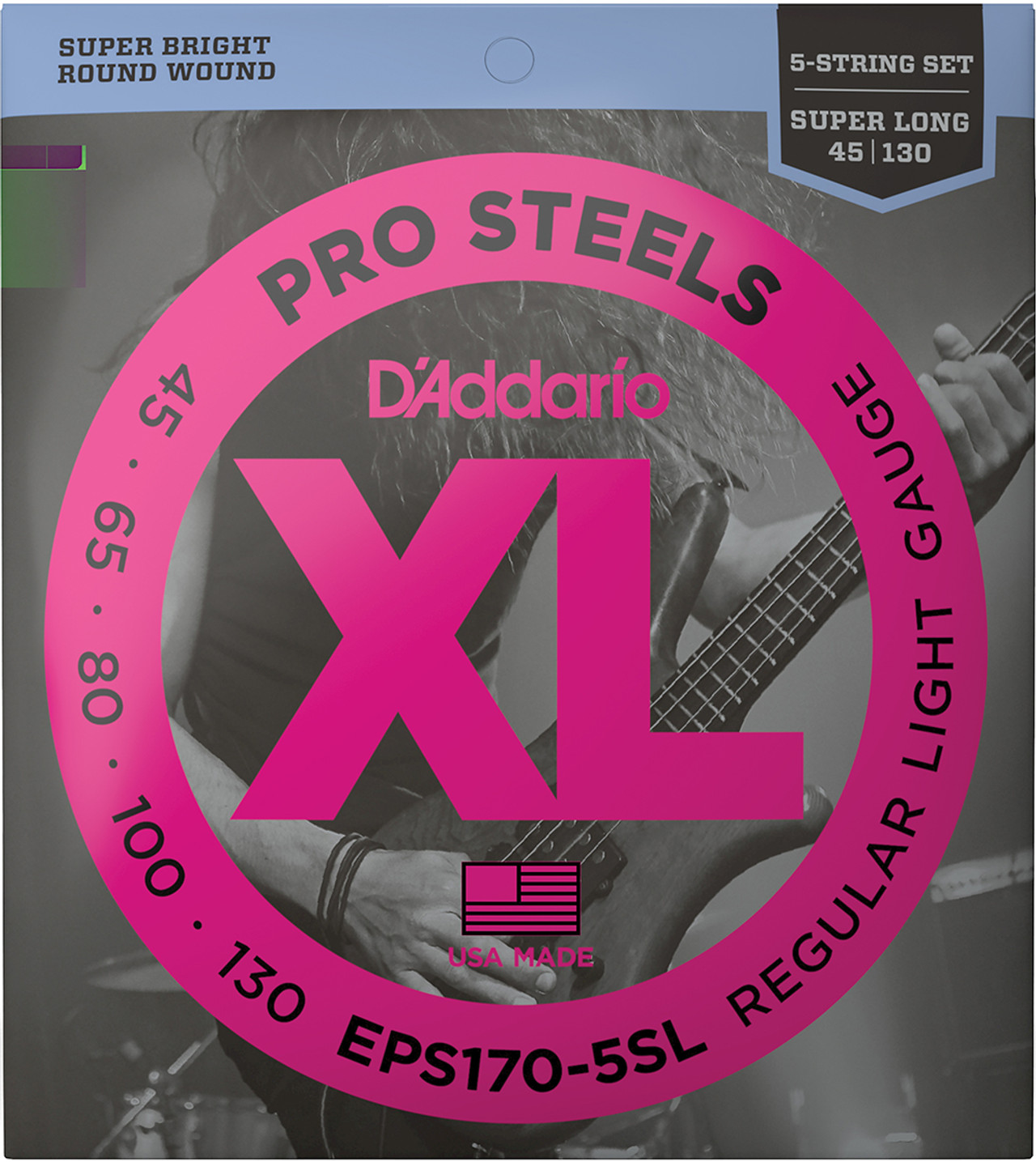 D'Addario XL ProSteels Electric Bass Guitar Strings EPS170-5SL 5-String Super Long Scale Light 45-130