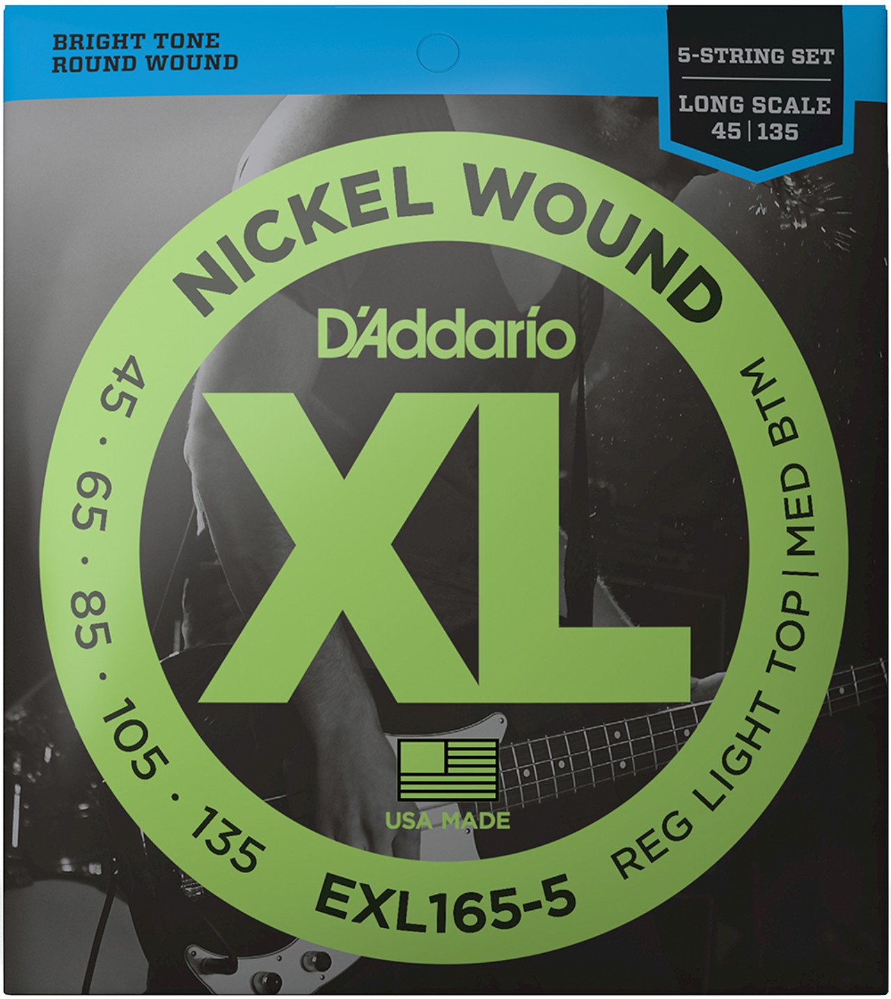 D'Addario Nickel Wound Electric Bass Strings Regular Light Top/Medium Bottom 45-135 EXL165-5 5-String