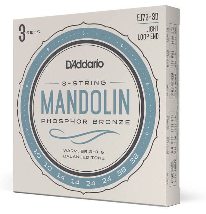 D'Addario EJ73 3 Pack Phosphor Bronze Mandolin Strings Loop End Light 10-38