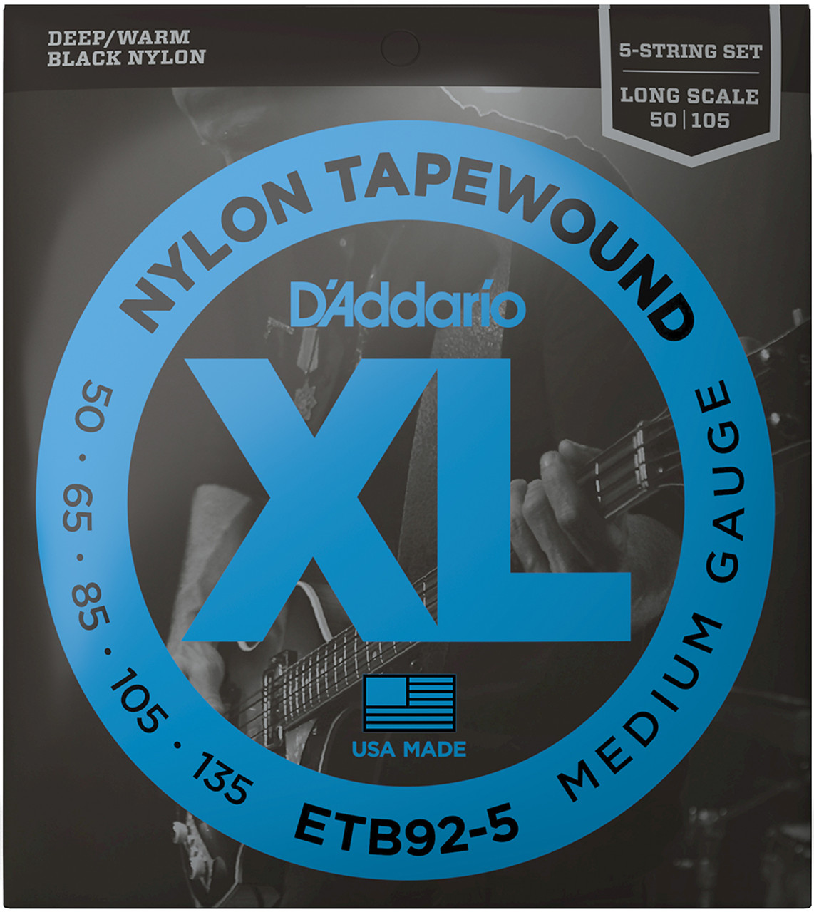 D'Addario XL Nylon Tapewound ETB92 Bass Guitar Strings Medium 50-105  ETB92-5 5-String Long Scale 50-135