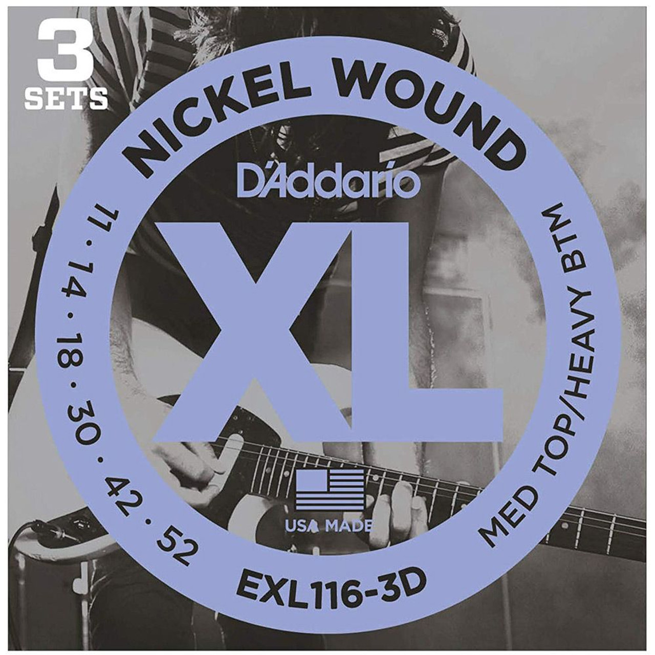 D'Addario 3 Pack EXL Nickel Wound Electric Guitar Strings EXL116-3D Med Top/ Heavy Btm 11-52