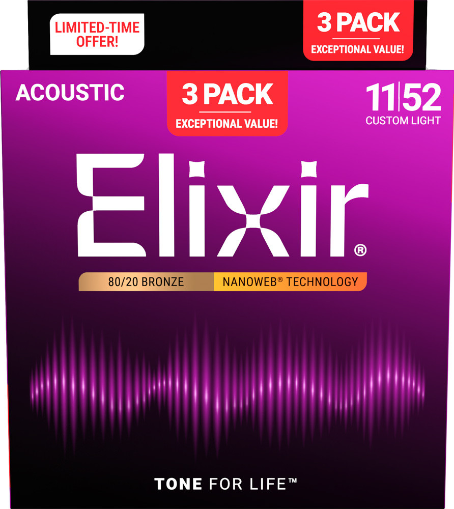 Elixir Nanoweb 80/20 Bronze Acoustic Guitar Strings Bonus Pack - 3