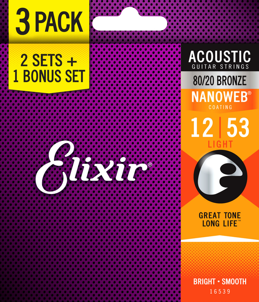 Elixir Nanoweb 80/20 Bronze Acoustic Guitar Strings Bonus Pack - 3 Sets for  the Price of 2! 16539 Light 12-53