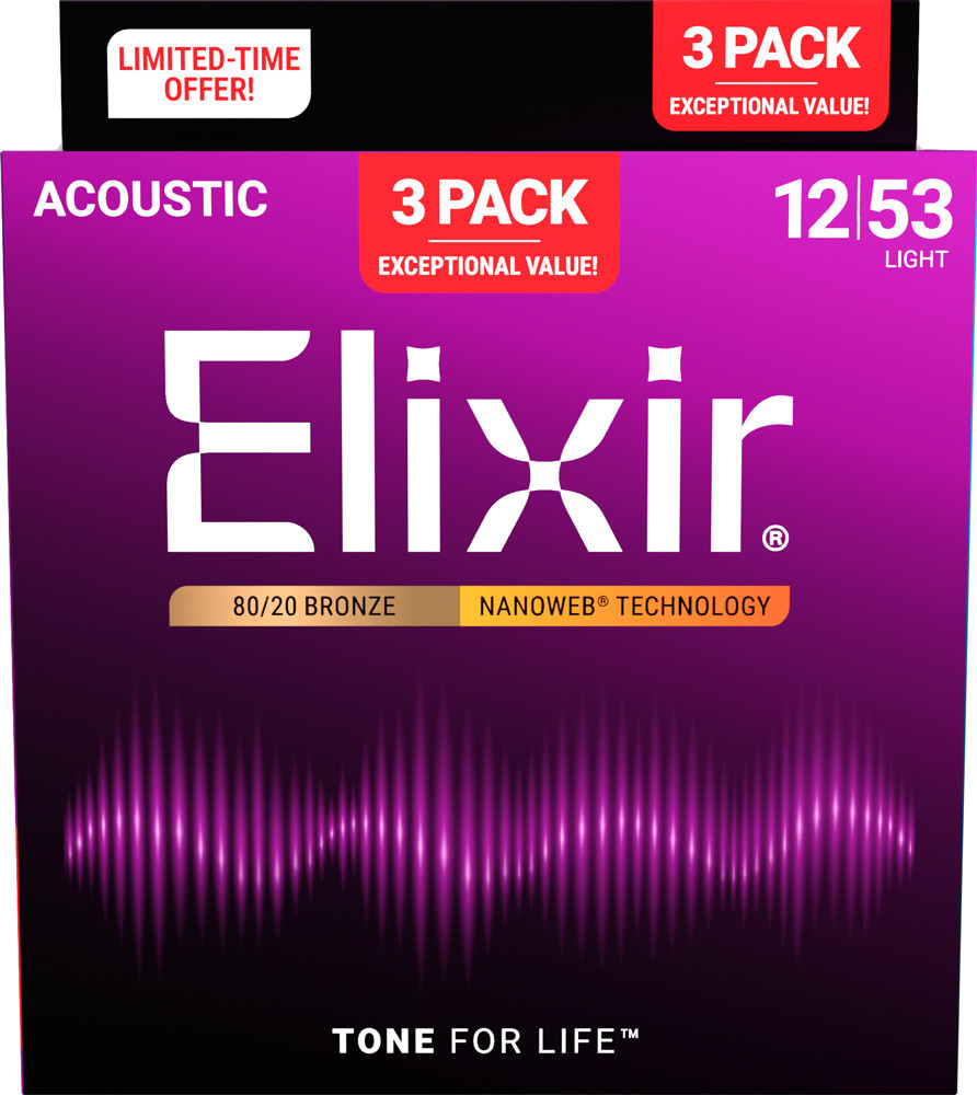 ELIXIR 3点セット Elixir Nanoweb 80/20 Bronze Acoustic Guitar Strings Bonus Pack - 3