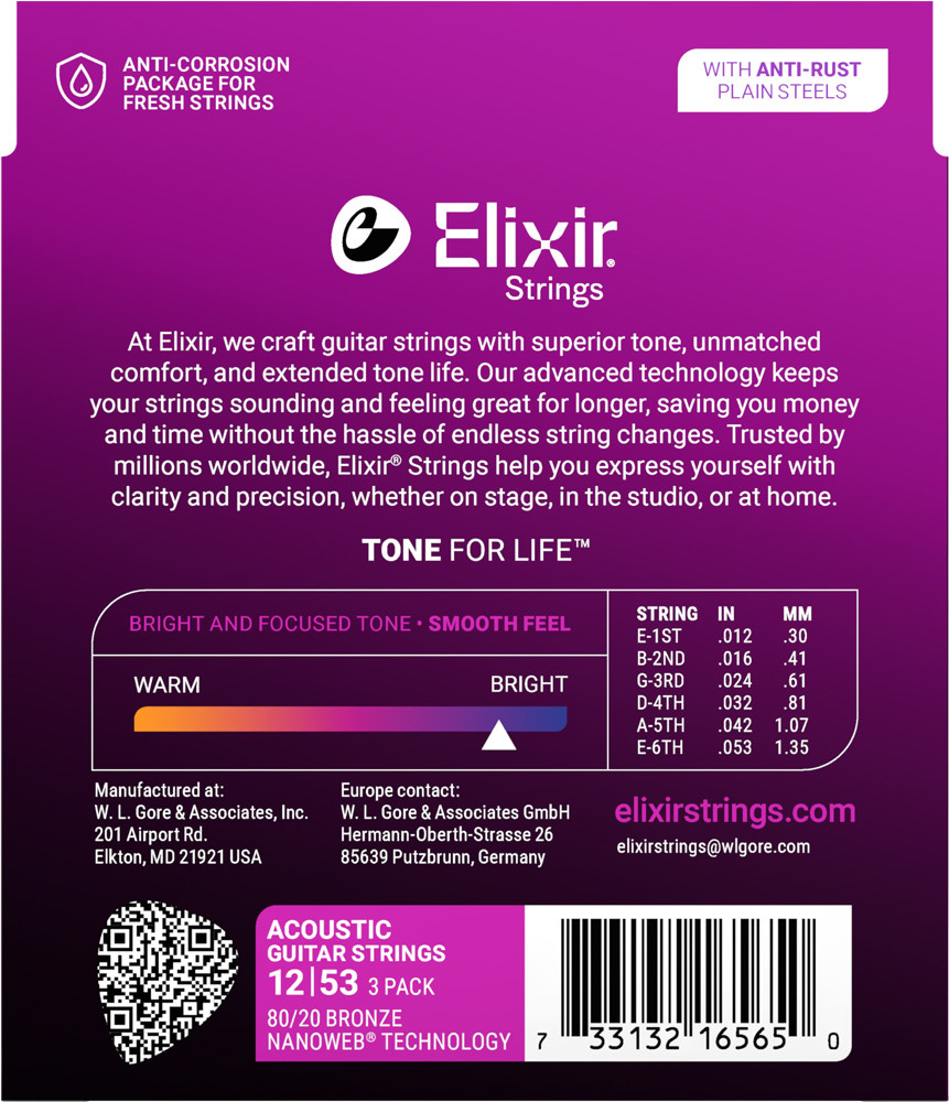 Elixir Nanoweb 80/20 Bronze Acoustic Guitar Strings Bonus Pack - 3