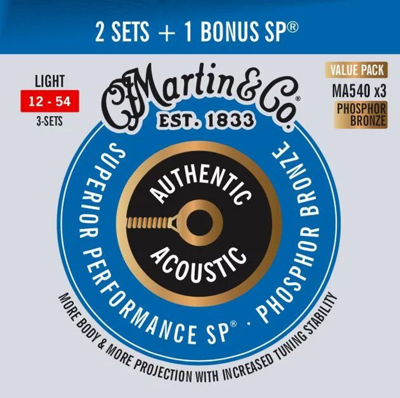 Buy 2 Sets Get 1 Free - Martin MA540 SP Phosphor Bronze Authentic Acoustic  Guitar Strings Light 12-54 3 Pack